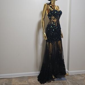 Elegant Strapless Black Dress with Blue and Green Accents